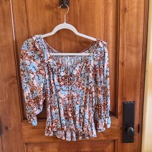 Free People Floral Peasant Blouse in Brown & Light Blue